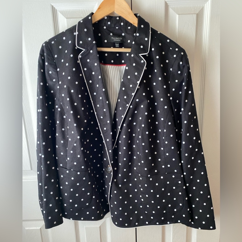 TALBOTS Black/White Polka Dot‎ Linen Blend Office Preppy Summer Blazer SZ 22WP